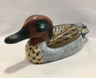 Green Wing Teal Wood Duck Decoy | Drake | Hand Carved | Glass Eyes | Signed 1991