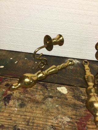 Vintage Pair Solid Brass Single Arm Candle Holder Scone Wall Hanging 3