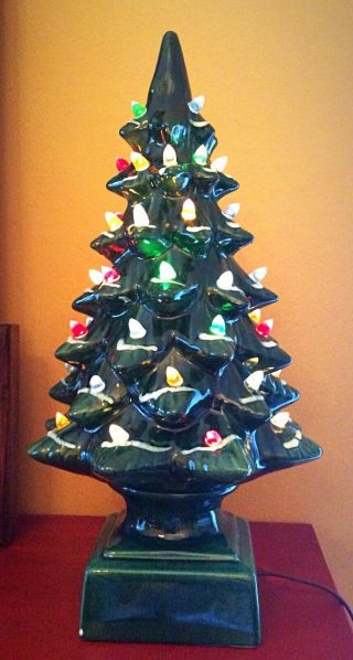 Vintage 1978 Ceramic Green Glaze Lighted Flocked Table Top Christmas Tree 16 "