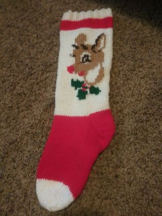Vintage Hand - Knitted Wool? Rudolph The Red - Nosed Reindeer Christmas Stocking