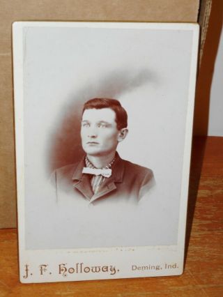 Vintage Cabinet Card,  Young Man,  Blue Eyes,  Bow Tie,  J.  F.  Holloway,  Deming,  Ind.