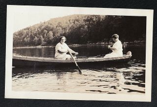 Antique Vintage Photograph Two Older Women Sitting In Canoe With Oars