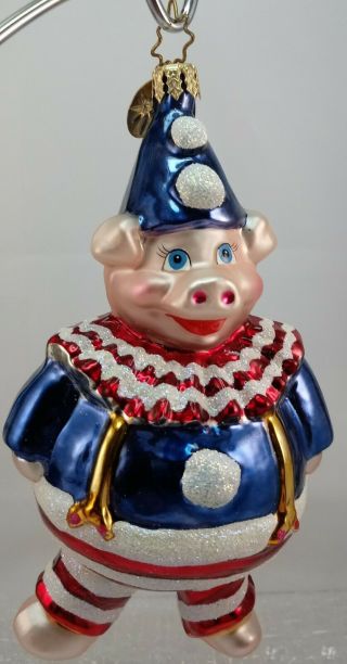 Radko Pig As Clown Red White Blue Glass Christmas/4th Of July Ornament Gift