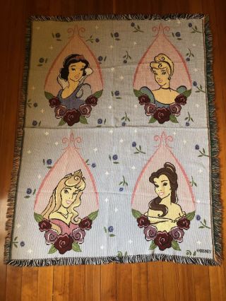 Disney Princess Woven Tapestry Throw Blanket Fringe Snow White Cinderella Belle