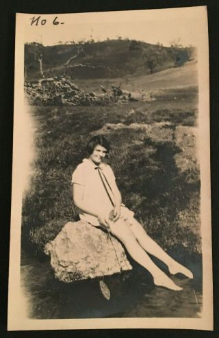 Vintage B&w Photo Of Cute Girl Fishing Sitting On Rock 4230