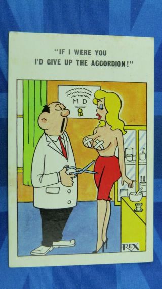 Risque Comic Postcard 1960s Big Boobs Accordion Concertina Player Doctor Theme