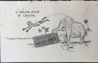Ceylon Native Dive Elephant Cartoon C1950s Art Signed Demuth? Canadian Pacific