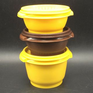 3 Vtg Tupperware Servalier Bowls - Yellow 886 20oz & Brown & Yellow 1323 10oz