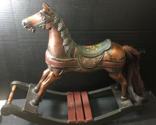 Vintage Hand Painted Wooden Rocking Horse W/ Saddle 18 " X 21 " X 6.  5 " Very Good