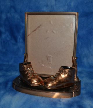 Vintage Art Deco Mounted Bronze Baby Shoes With Photo Picture Frame