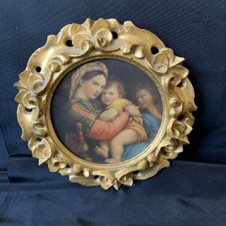 Vintage Italian Florentine Gold Gilt Wood Round Frame With Madonna Print 5.  5”
