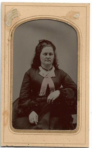 Framed Tintype Photograph,  Woman Seated Large Bow Photographer 