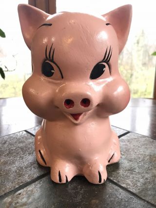 Vintage Large Pink Ceramic Piggy Bank With No Hole Mid Century Pig Bank Signed