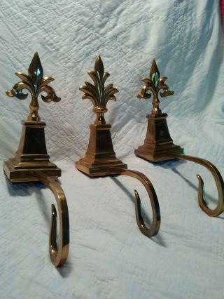 Set Of 3 Vintag Heavy Solid Brass Christmas Stocking Holder Hangers Long Hook