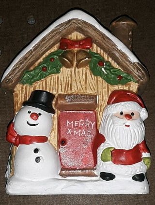 Vintage Merry Xmas Ceramic Coin Bank Santa & Snowman