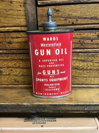 Vintage Wards Western Field Gun Oil Tin / Can Montgomery Ward 3 Oz.  Lead Top