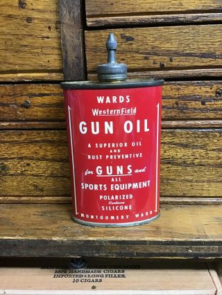 Vintage Wards Western Field Gun Oil Tin / Can Montgomery Ward 3 oz.  Lead Top 2