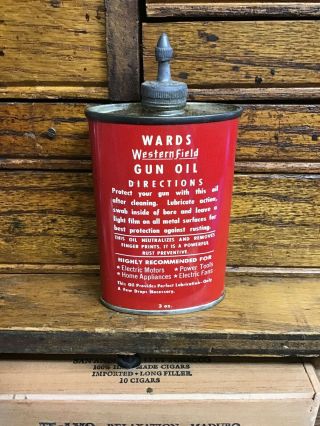 Vintage Wards Western Field Gun Oil Tin / Can Montgomery Ward 3 oz.  Lead Top 3