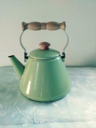 Farmhouse Green Enamel Tea Pot With Wooden Handle