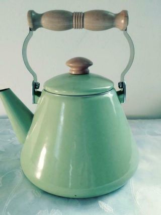 Farmhouse Green Enamel Tea Pot with Wooden Handle 2