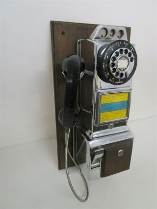 Vintage Pay Phone Wall Mount Decoration Chrome Brown Wood Back