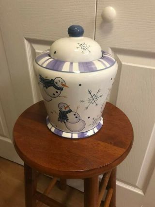 Large 10 " Snowman Cookie Jar Ceramic Holiday Christmas Crazy Mountain