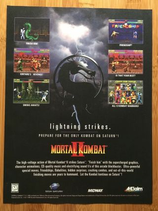Mortal Kombat Ii 2 Sega Saturn Genesis Snes 1995 Vintage Poster Ad Art Promo Htf