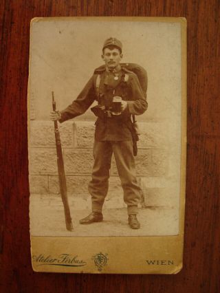Old Vienna Wien Cabinet Photo Soldier In Military Uniform W\ Rifle Gun & Beer