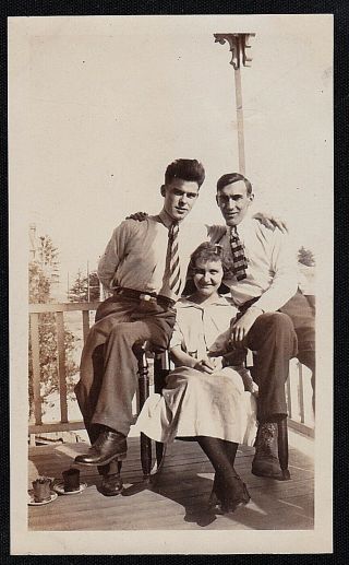 Vintage Antique Photograph Young Woman Sitting On Front Porch W/ Two Men