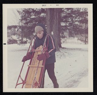 Vintage Photograph Cute Young Boy Holding Sled In Snow
