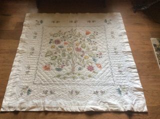 Vintage White Handmade Quilt Cross Stitch Green Blue Flowers Flora Embroidered