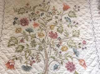 Vintage White Handmade Quilt Cross Stitch Green Blue Flowers Flora Embroidered 3