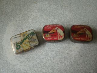 Three Vintage Gramophone Needle Tins - Hmv & Songster - Includes Contents