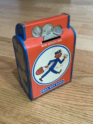 1963 Mr.  Zip Mailbox Tin Bank Ohio Art United States Postal Service Ad Toy