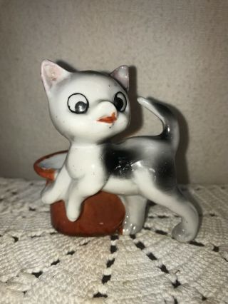 Vtg 40 - 50’s Japan Black White Cat Kitten Top Hat Toothpick Q - Tip Holder Figurine