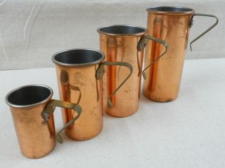 Vintage Set Of 4 - Stacking Copper Measuring Cups (1/4 To 1 Cup) - Brass Handles