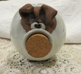 Vintage Hand Made Glazed Stoneware Pottery Cork Nose Pig Piggy Bank