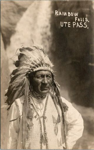 Rppc Native American Indian Chief At Rainbow Falls Ute Pass Colorado Jewelry A86