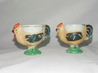 Two Handpainted Egg Cups Ceramic Rooster Chicken Japan Vintage Multi - Color