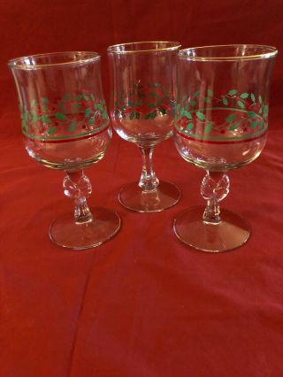3 Vintage 1987 Arbys Christmas Holly Berry Glasses Wine Goblet W/bows Libbey