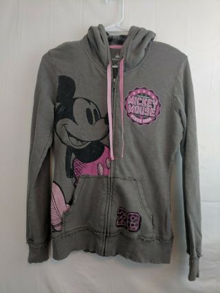 Disney Parks Mickey Mouse Gray And Pink Distressed Zip Up Sweatshirt Size Medium