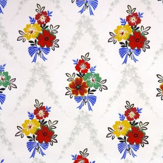 1940s Floral Vintage Wallpaper Red Yellow Blue Green Flowers With Gray Ivy