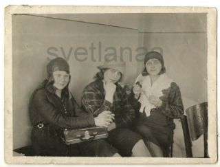 1930s Soviet Youth Three Girls Fashionable Hats Lovely Young Women Antique Photo
