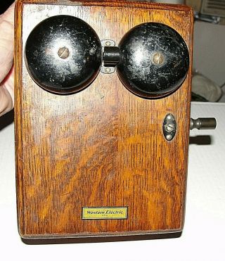 Antique Vintage Western Electric Oak Wooden Telephone Wall Ringer Box W/crank Ex