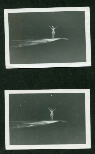 Pair Unusual Vintage Photos Pretty Girl Ice Skating Spotlight In Dark 986013