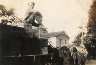 Vintage 1910s Snapshot Black White Photo Young Man Horse Wagon Apple Picking
