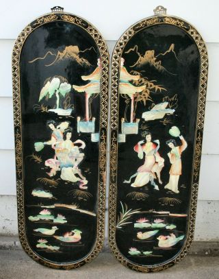 Vintage Black Lacquer & Mother Of Pearl Asian Wall Art Hangings Panels