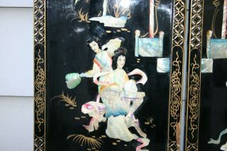 Vintage Black Lacquer & Mother Of Pearl Asian Wall Art Hangings Panels 3