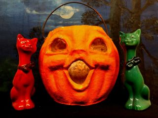 Vintage Halloween Cat Shakers Green Orange Googly Eyes Art Deco Figurine Japan 2