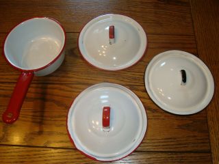 Vintage White With Red Trim Enamelware Graniteware Pot With 3 Lids - Red & Blue